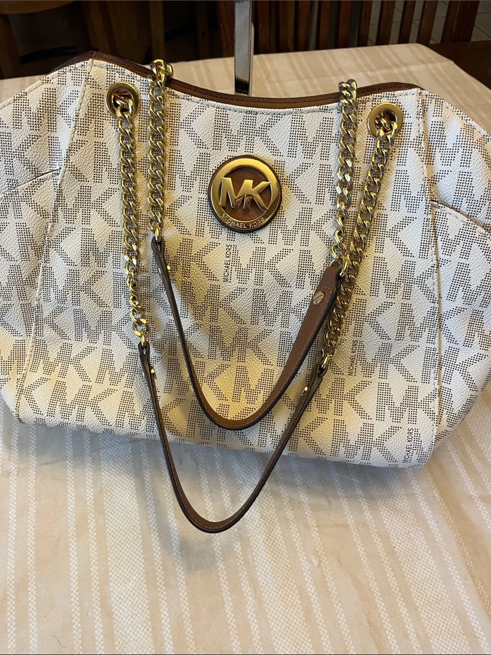Michael Kors Beige MK Signature Tote with Tan Leather & Gold-Tone Hardware